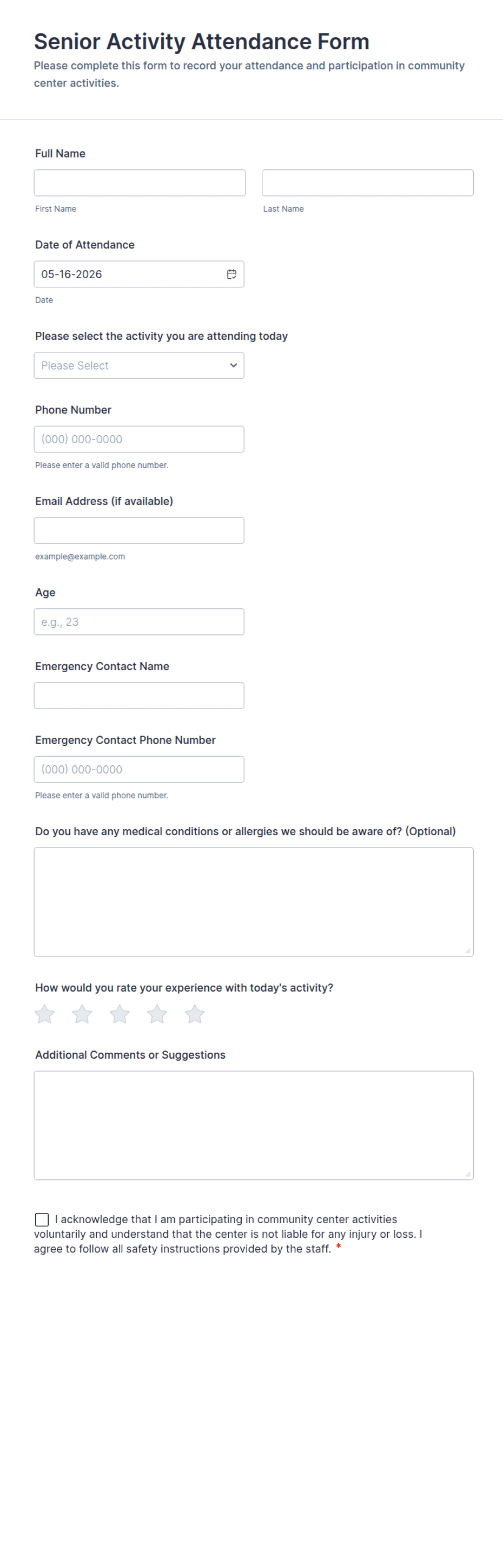 Senior Activity Attendance Form Template | Jotform