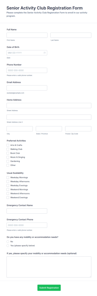 Senior Activity Club Registration Form Template