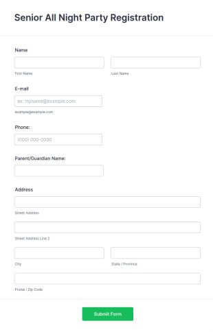 Senior All Night Party Registration Form Template