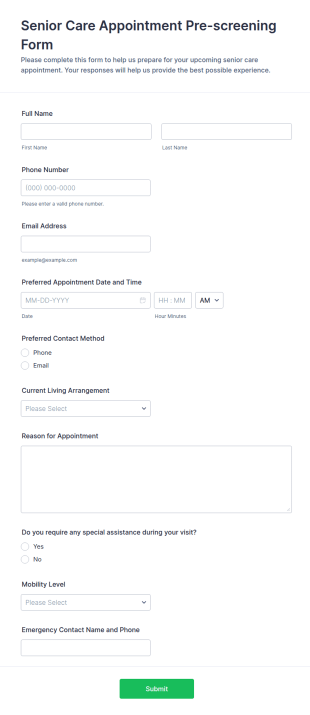 Senior Care Appointment Pre Screening Form Template
