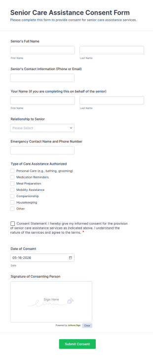 Senior Care Assistance Consent Form Template