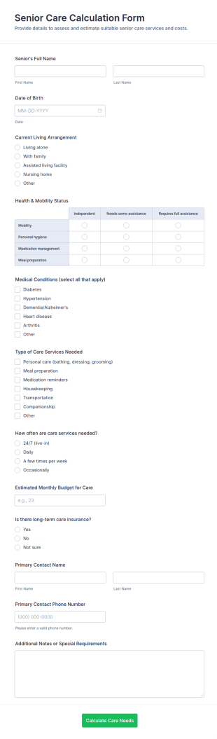 Senior Care Calculation Form Template