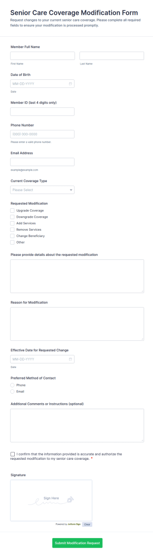 Senior Care Coverage Modification Form Template