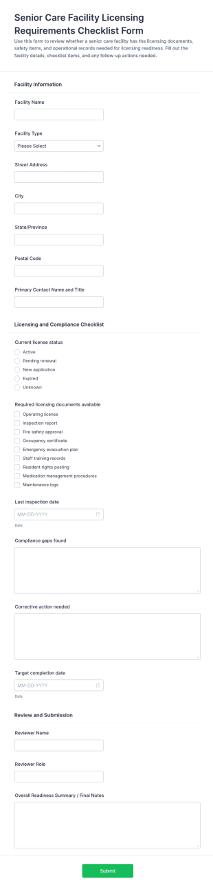 Senior Care Facility Licensing Requirements Checklist Form Template
