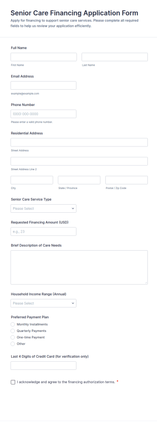 Senior Care Financing Application Form Template