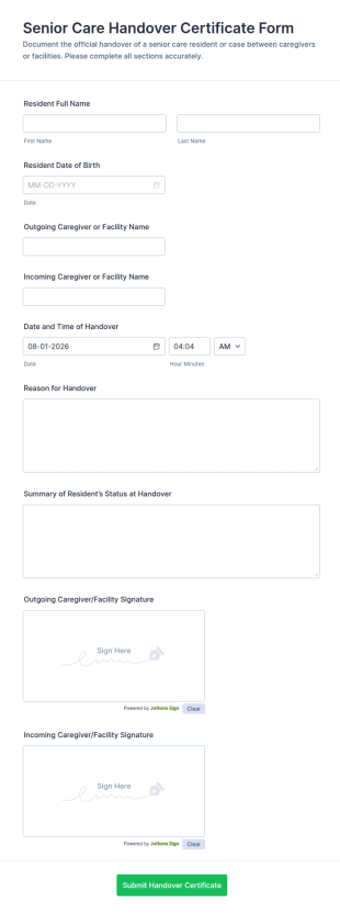 Senior Care Handover Certificate Form Template