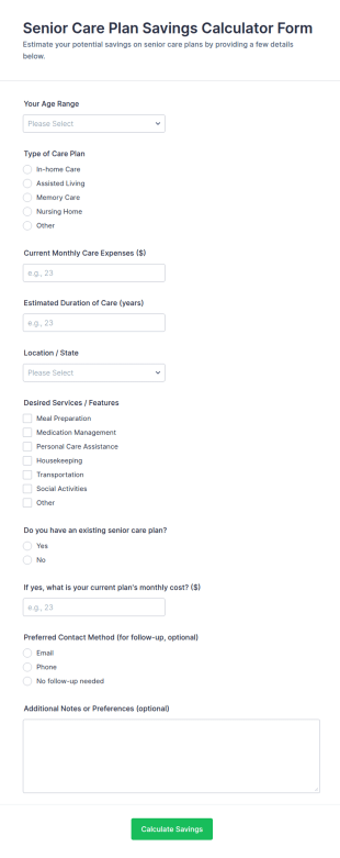 Senior Care Plan Savings Calculator Form Template