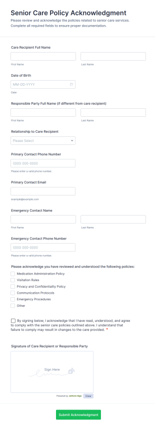 Senior Care Policy Acknowledgment Form Template