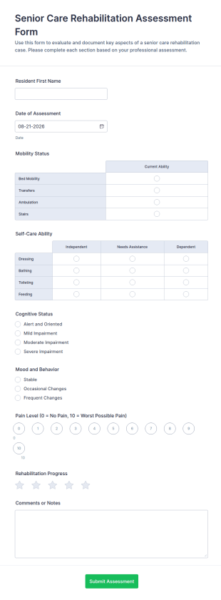 Senior Care Rehabilitation Assessment Form Template