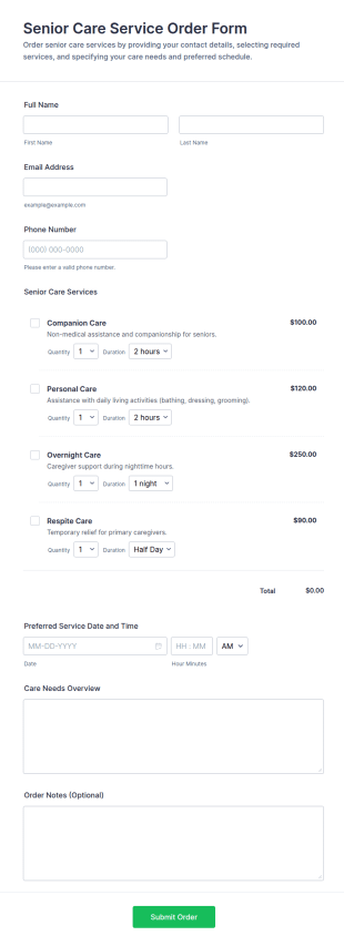 Senior Care Service Order Form Template