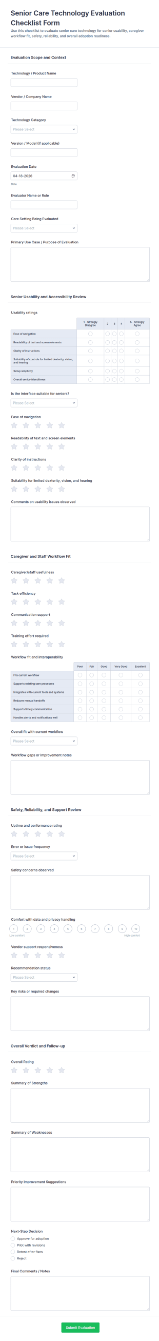 Senior Care Technology Evaluation Checklist Form Template