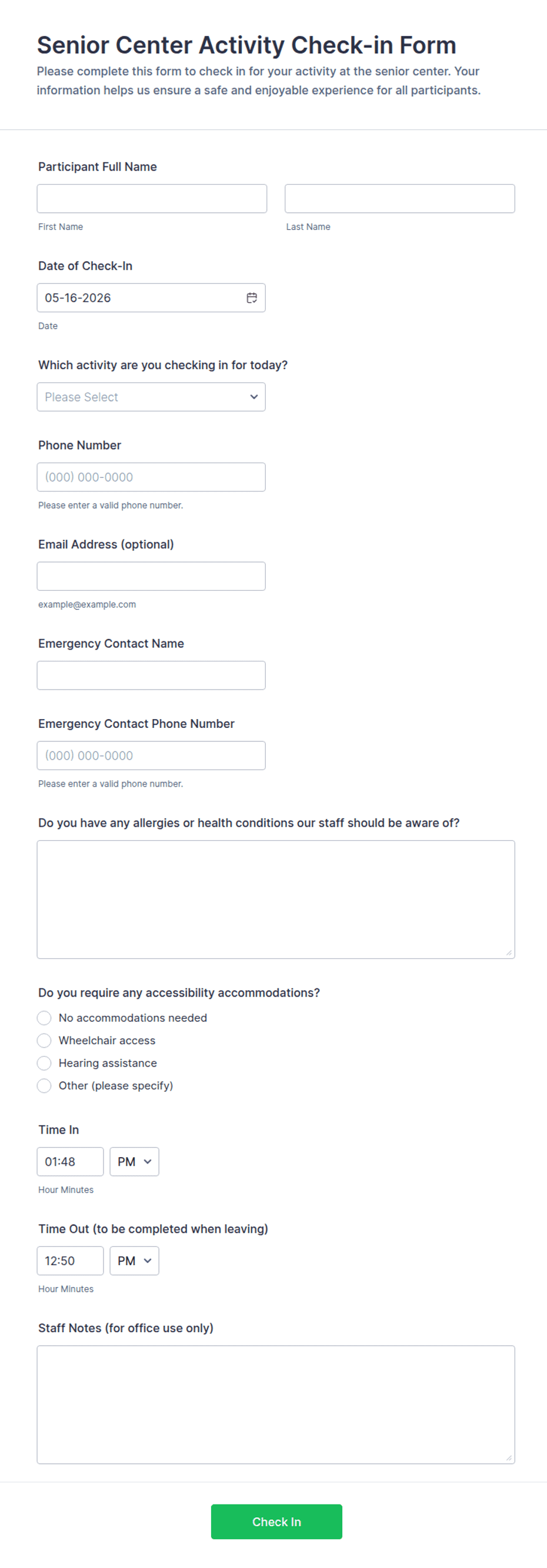 Senior Center Activity Check-in Form Template | Jotform