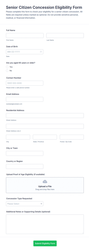 Senior Citizen Concession Eligibility Form Template