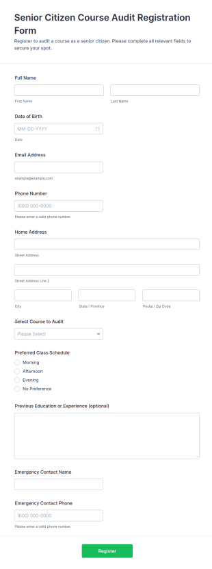 Senior Citizen Course Audit Registration Form Template