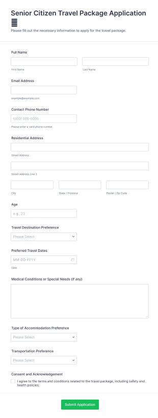 Senior Citizen Travel Package Application Form Template