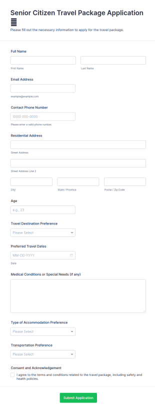 Senior Citizen Travel Package Application Form Template