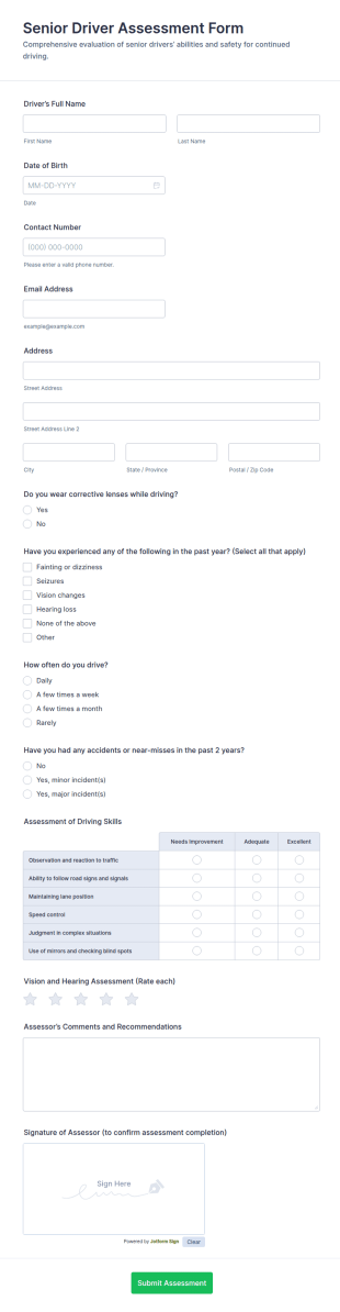 Senior Driver Assessment Form Template
