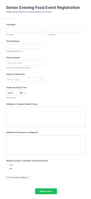 Senior Evening Food Event Registration Form Template
