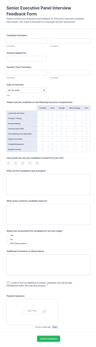 Senior Executive Panel Interview Feedback Form Template