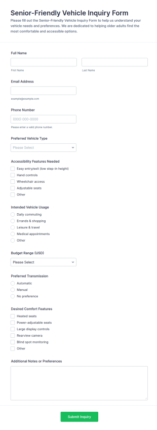 Senior Friendly Vehicle Inquiry Form Template