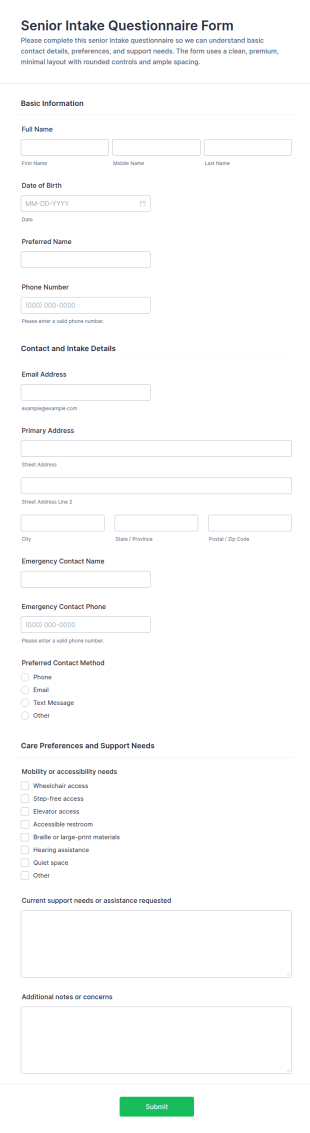 Senior Intake Questionnaire Form Template