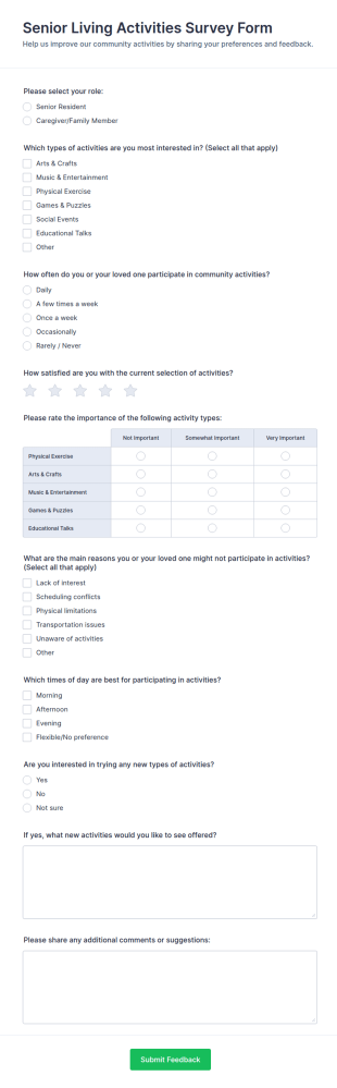 Senior Living Activities Survey Form Template