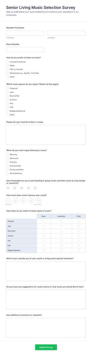 Senior Living Music Selection Survey Form Template