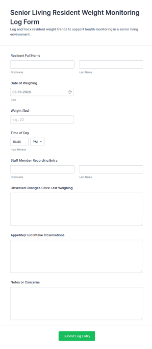 Senior Living Resident Weight Monitoring Log Form Template