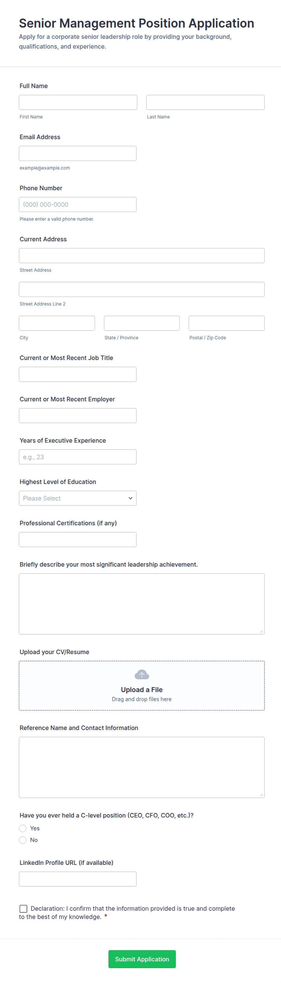 Management Application Statement Senior Management Position Application Form Template | Jotform