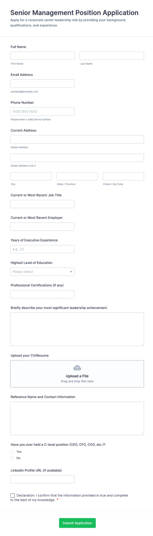 Senior Management Position Application Form Template