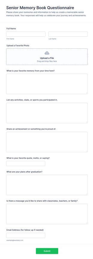 Senior Memory Book Questionnaire Form Template