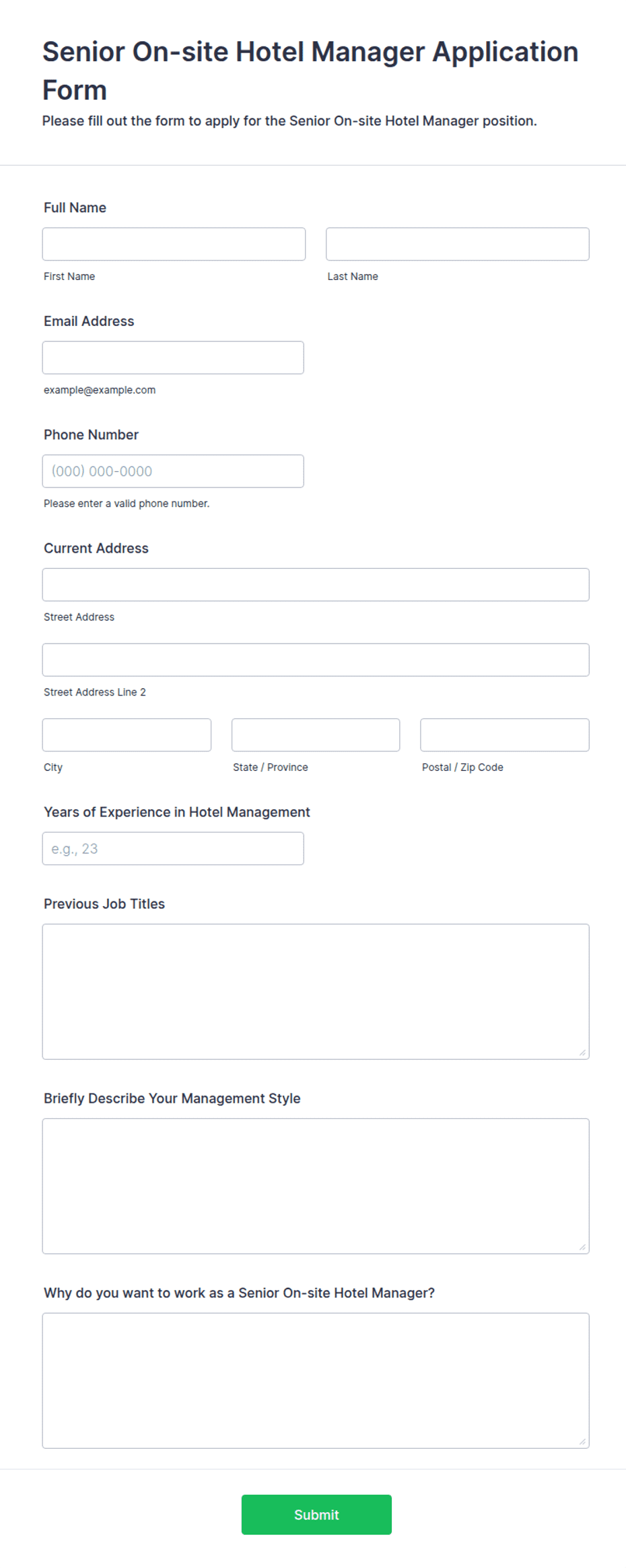 Senior On-site Hotel Manager Application Form Template | Jotform