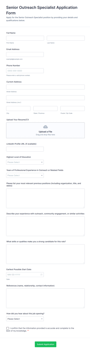 Senior Outreach Specialist Application Form Template