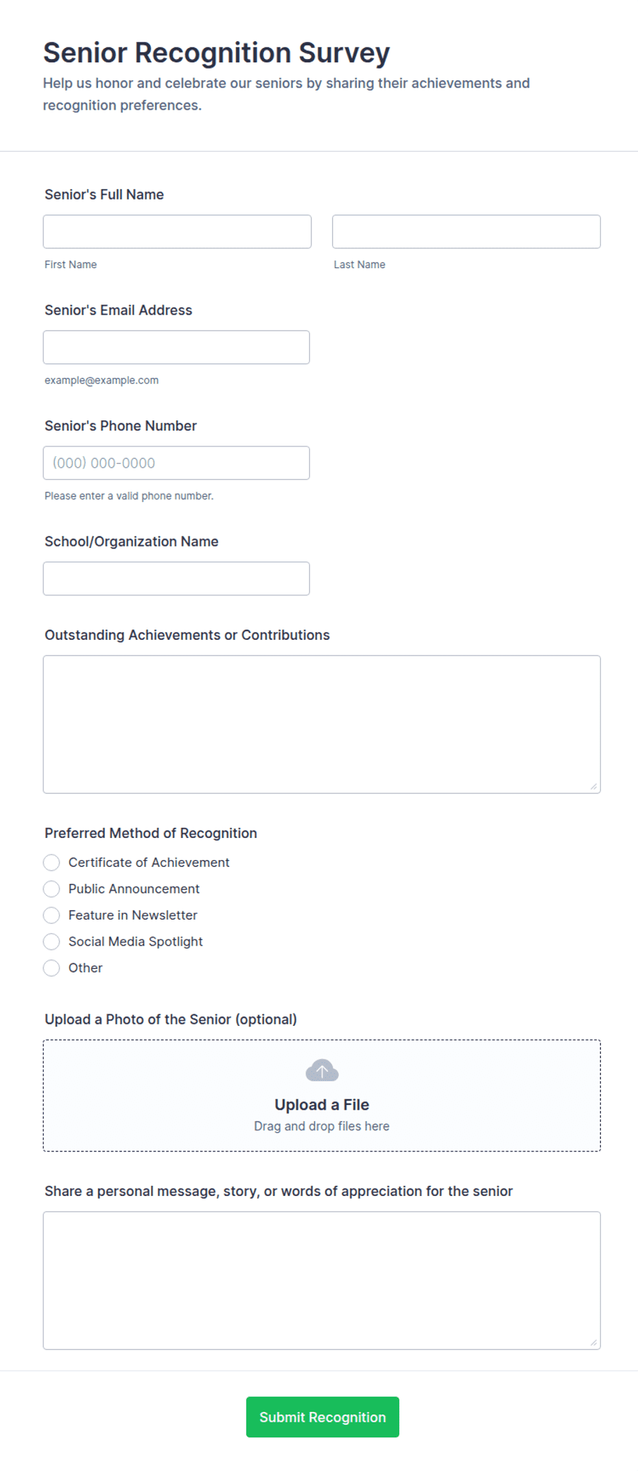 Senior Questionnaire.pdf Senior Recognition Survey Form Template | Jotform