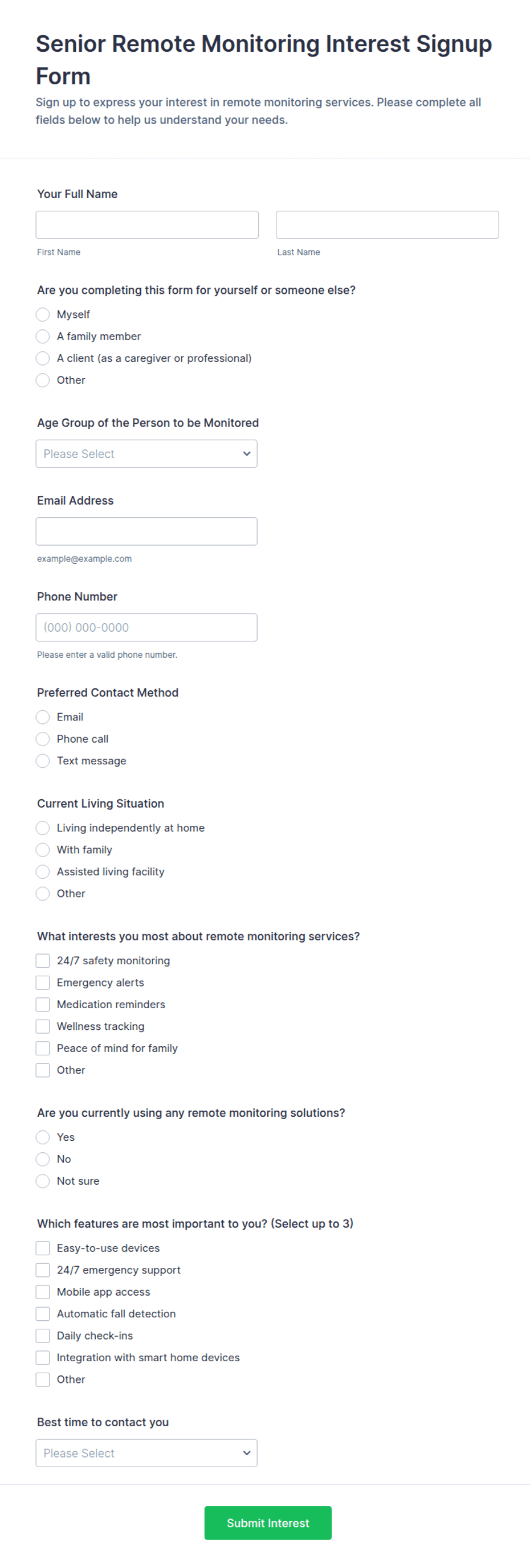 Senior Remote Monitoring Interest Signup Form Template | Jotform