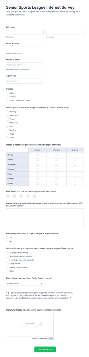 Senior Sports League Interest Survey Form Template