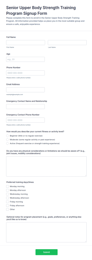 Senior Upper Body Strength Training Program Signup Form Template