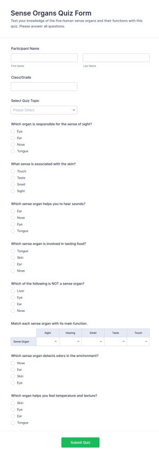Sense Organs Quiz Form Template
