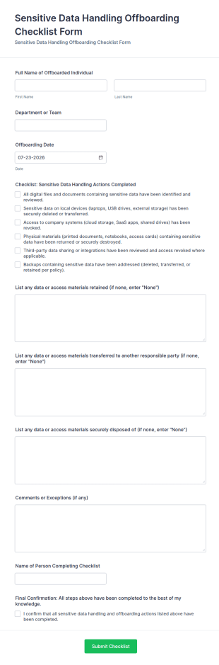 Sensitive Data Handling Offboarding Checklist Form Template