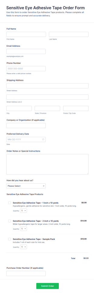 Sensitive Eye Adhesive Tape Order Form Template