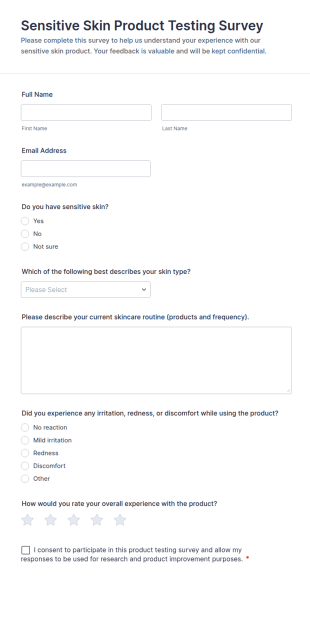Sensitive Skin Product Testing Survey Form Template