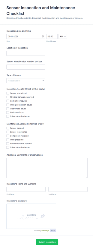 Sensor Inspection And Maintenance Checklist Form Template
