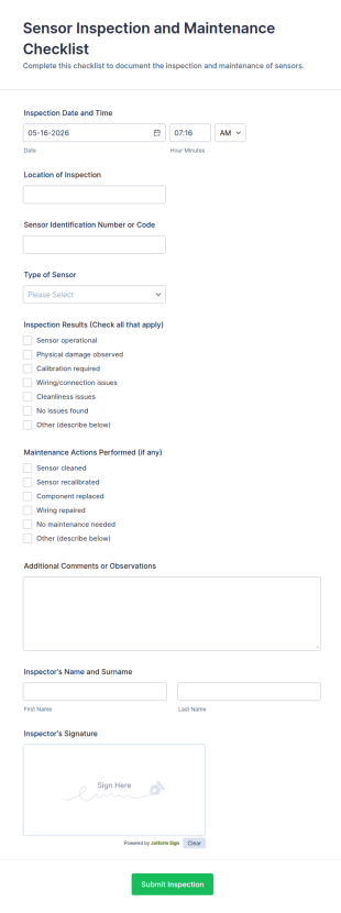 Sensor Inspection And Maintenance Checklist Form Template