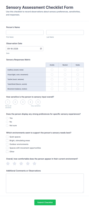 Sensory Assessment Checklist Form Template