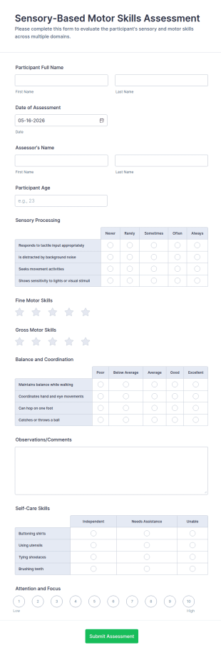 Sensory Based Motor Skills Assessment Form Template