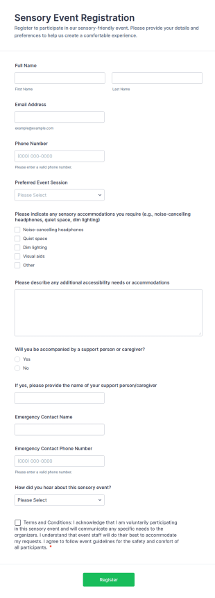 Sensory Event Registration Form Template