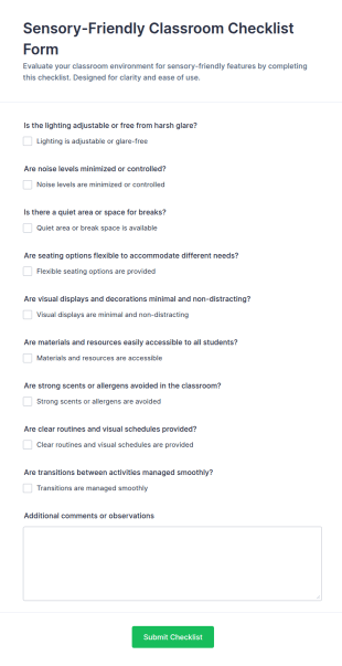 Sensory Friendly Classroom Checklist Form Template