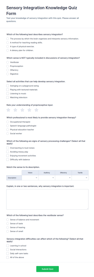 Sensory Integration Knowledge Quiz Form Template