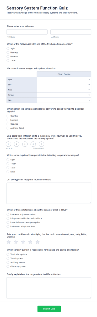 Sensory System Function Quiz Form Template