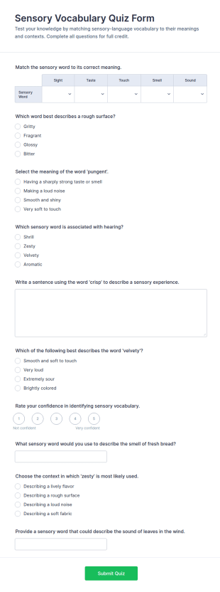 Sensory Vocabulary Quiz Form Template